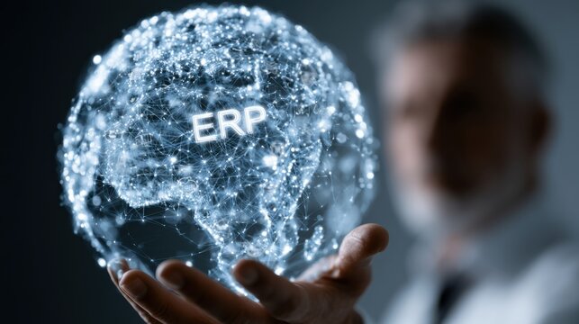 Holding a digital globe with ERP text representing business management technology and global connections