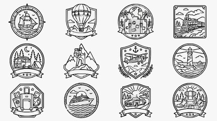 Sleek Black and White Travel Adventure Icons Set Minimalist Line Art Emblems for Vacation Exploration and Journey Themes © Garu