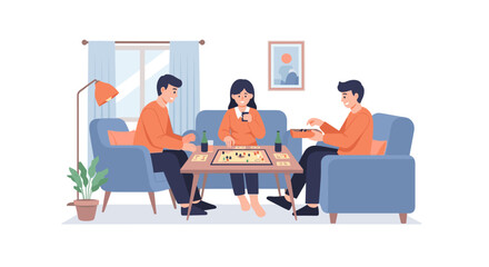 Fototapeta premium Happy friends playing a board game together in a cozy living room during a festive thanks giving gathering to celebrate joyful bonding and fun atmosphere