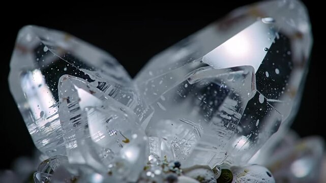 Macro shot of a clear quartz crystal cluster against a dark background