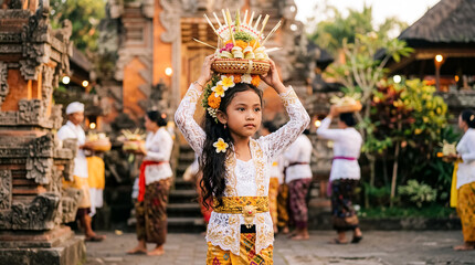 Obraz premium Balinese girl temple flowers traditional clothing cultural portrait childhood heritage heritage detail child near temple architecture with floral adornments and ceremonial atmosphere showing island