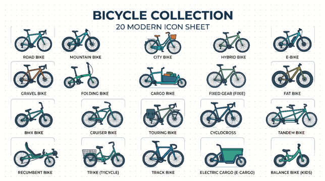 Bicycle collection of various models on clean background.