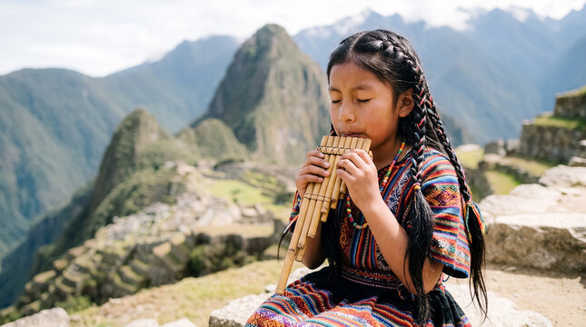 Peruvian girl andes mountains cultural portrait childhood heritage traditional clothing natural light child in colorful Andean clothing near mountain landscape suggesting highland culture and