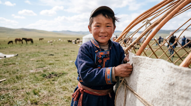Mongolian boy steppe yurt cultural portrait childhood heritage tradition child local setting in traditional clothing near yurt and open steppe landscape showing nomadic family environment for