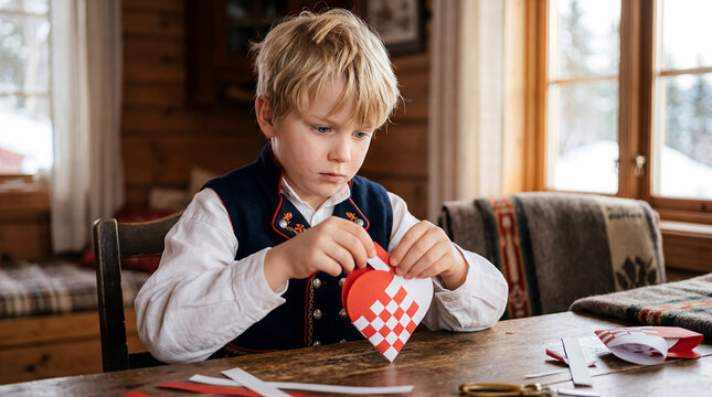 Norwegian boy bunad cultural portrait childhood heritage nordic tradition child family roots in traditional clothing inside warm wooden home with handcrafted details and Nordic family atmosphere with