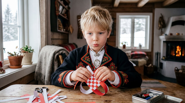 Norwegian boy bunad cultural portrait childhood heritage nordic tradition child natural light in traditional clothing inside warm wooden home with handcrafted details and Nordic family atmosphere for