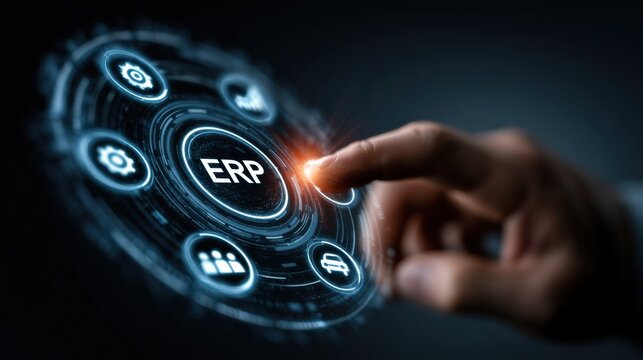 Finger touches an ERP button on a digital screen showing various business icons during a tech demonstration
