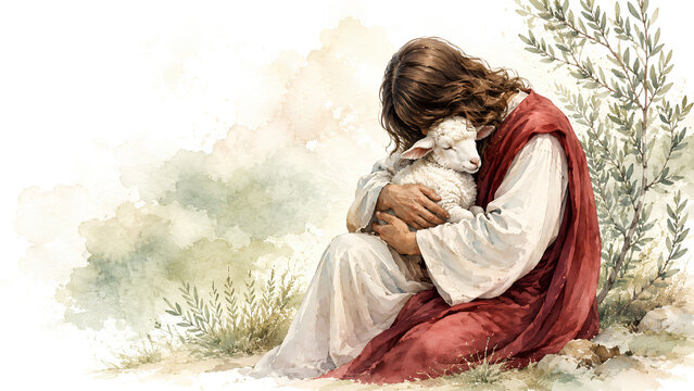 Jesus Holding and Hugging a Lamb in a Tender Seated Embrace