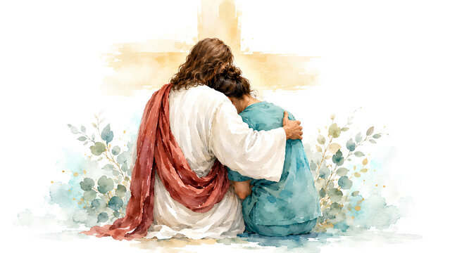 Jesus Hugging a Seated Believer With Comfort and Companionship