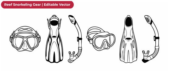 Snorkeling gear vector icon set with diving mask flippers and snorkel line art illustrations for summer vacation and under water sports adventure design elements isolated on a clean white background. © Dinali