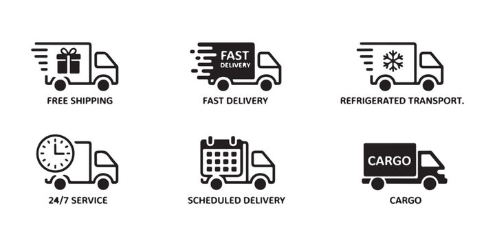 Delivery service labels with free shipping fast delivery cargo icons and refrigerated transport symbols set.