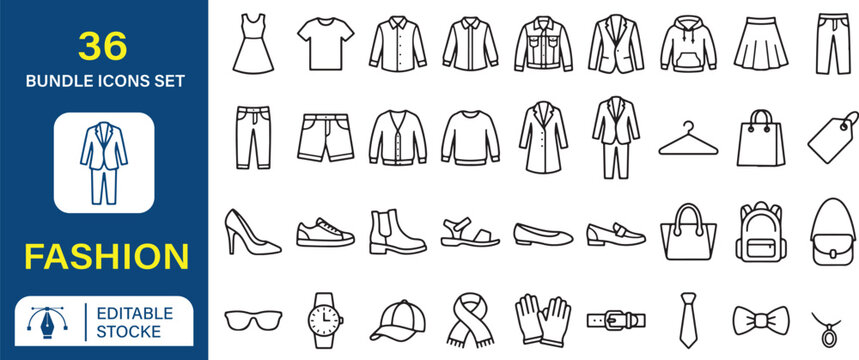 Fashion Icon Set for Adobe Stock, Premium Black Outline Vector Icons for UI, App, Website, Dashboard, Presentation, Infographic, Branding, and Commercial Stock Use