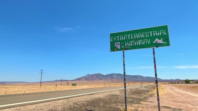 The famous Extraterrestrial Highway sign on Route 375, near Rachel, Nevada.