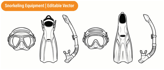 Snorkeling gear vector icons set featuring diving masks, fins, and snorkel tubes. Black and white outline design elements for scuba diving, swimming, and marine sports. Plain isolated line art objects © Dinali