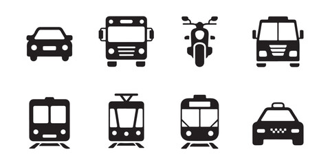 Various transport vehicle icons including car bus motorcycle train and taxi for city travel. © MSTGIRATUN