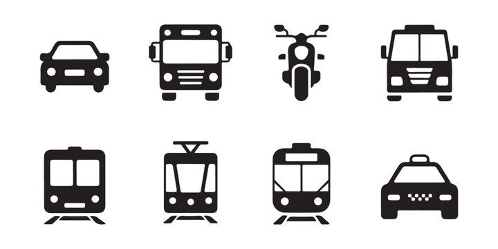 Various transport vehicle icons including car bus motorcycle train and taxi for city travel.