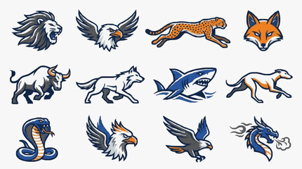 Fototapeta premium Dynamic Collection of 12 Vibrant Sports Team Mascot Logos Featuring Bold Animals in Blue Orange and Gray