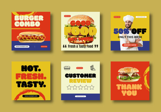 Burger Combo Social Media Post Template Set With Fast Food Promotion Design