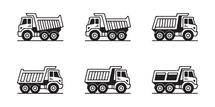 Heavy duty tipper truck icons for construction and mining industry isolated on transparent grid background.