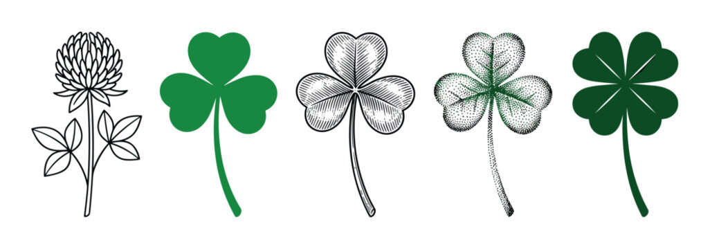 Various clover and shamrock illustrations showcasing different artistic styles, including intricate engravings, stippling, and simple graphic designs with three-leaf and lucky four-leaf clovers.