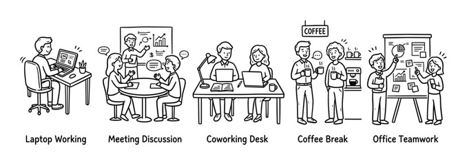 Obraz premium Business people working together in various office scenarios, including laptop work, meetings, coworking, and coffee breaks, illustrating modern workplace collaboration.