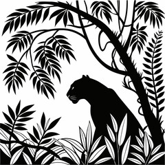 Panther silhouette hidden in lush jungle foliage graphic with silhouette predator rainforest illustration tropical stalking environment © Atiqur