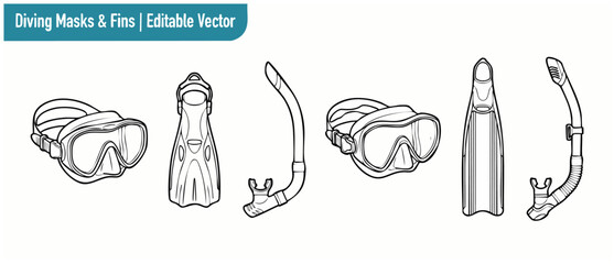 Scuba diving mask fins vector illustration set featuring snorkels, flippers, and goggles in line art style for summer vacation, underwater sports, ocean adventures, and marine recreation design layout © Dinali