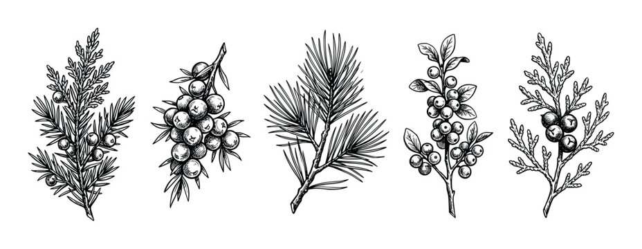 Various hand-drawn botanical illustrations of evergreen branches with berries and pine needles, depicting natural forest elements in an engraved style.