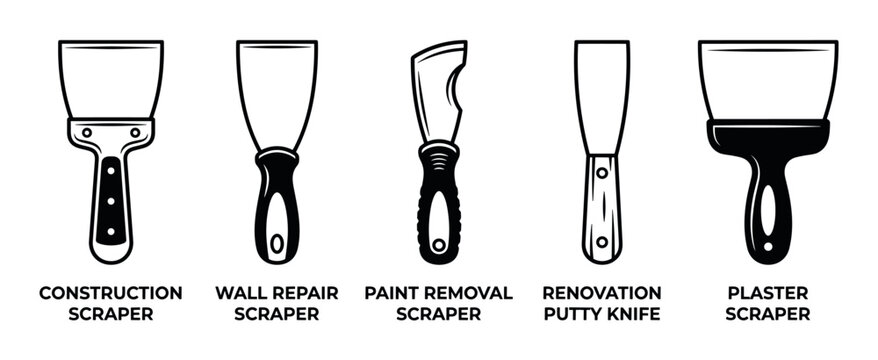 Five different types of construction and renovation scrapers and putty knives are essential tools for various home improvement and repair tasks.
