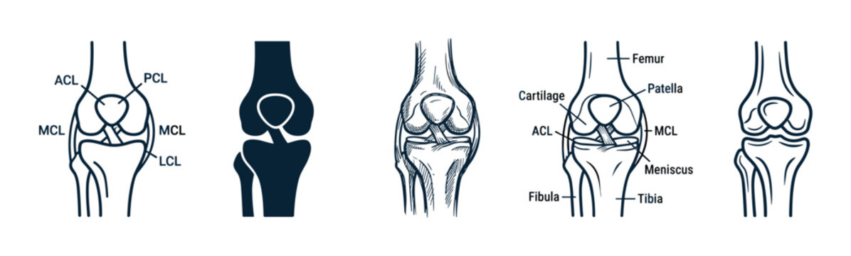Detailed human knee joint anatomy diagrams illustrating the complex structure of bones, ligaments, and cartilage for educational purposes.