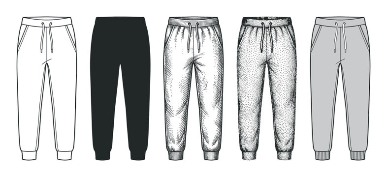 Five different styles of sweatpants illustrations showcasing various design and rendering techniques, including outline, solid, and engraved versions.