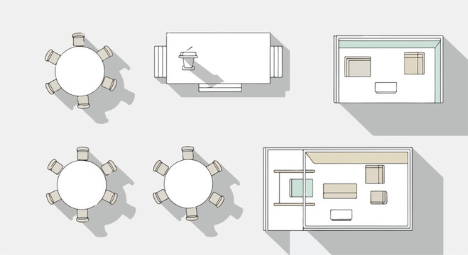 A graphic illustration of five room layouts and table settings