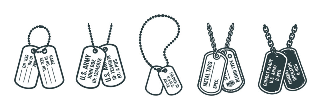 Five military dog tags display identification information and chains, featuring various designs and personal details for soldiers.