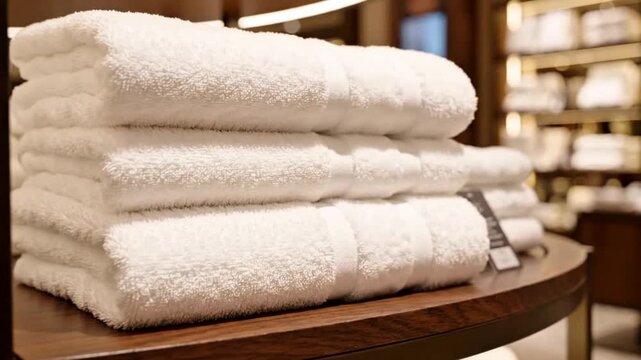Smooth circular orbit around a prominent stack of premium terry towels displayed on retail shelving, realistic fabric folds and cotton fibers, luxury shopping atmosphere, shallow depth of field