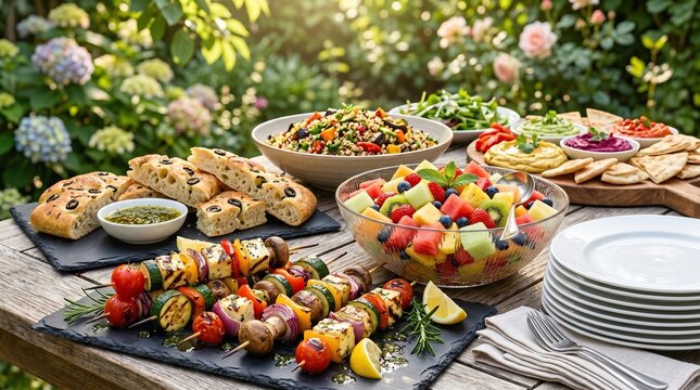 Abundant summer outdoor feast featuring vegetable skewers, fresh fruit salad, focaccia bread, and various dips on a rustic wooden table in a blooming garden setting, outdoor dining, summer party.