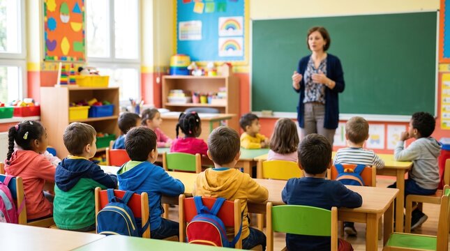 Female teacher instructing diverse group of young children sitting at desks in brightly colored preschool classroom, education concept, early learning, elementary school.