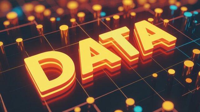Glowing Data Word Illuminated On Digital Circuit Board Background