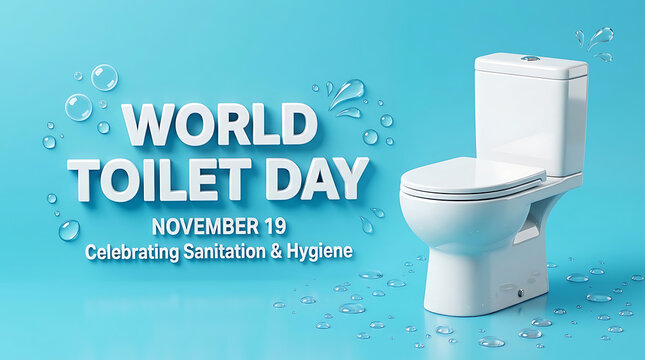 World toilet day concept with white ceramic commode and water droplets on blue background for international sanitation and hygiene awareness campaign poster