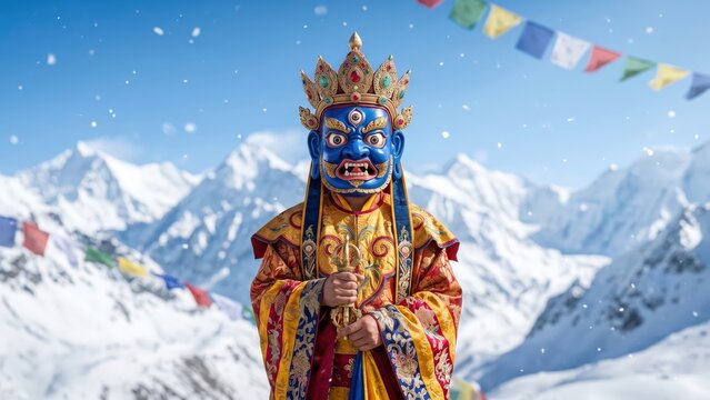 Hemis Festival Cham Dancer Against Snowy Himalayas