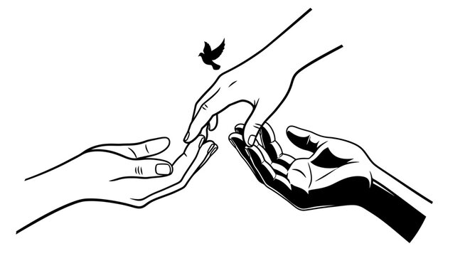 Reaching hands connecting with bird symbol of freedom and peace