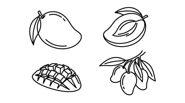 A line art illustration of various mango fruits and a pineapple drawn in a single line style.