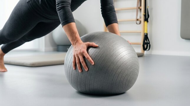 Athletic Woman Performing Core Stability Plank Exercise on Grey Fitness Ball in Bright Minimalist Gym, Healthy Lifestyle and Wellness Concept, Professional Strength Training.