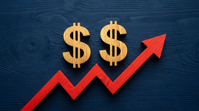 Two Wooden Dollar Signs and Red Upward Arrow Showing Financial Growth and Inflation