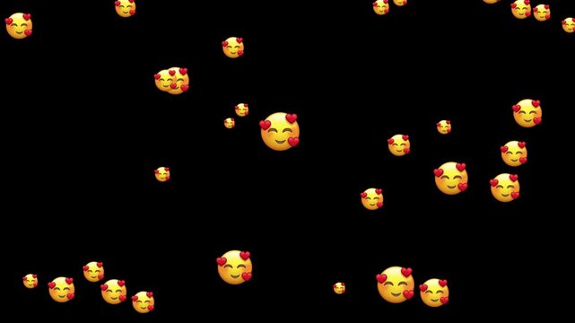 World emoji day with Scattered devil emojis with horns and blushing cheeks floating in a dark void representing playful mischief and digital communication