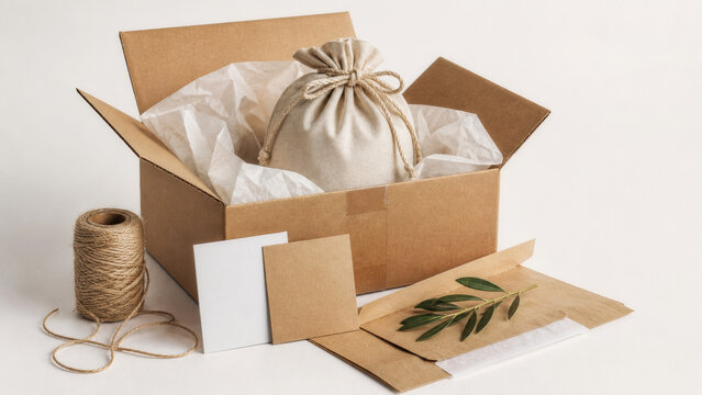 A craft gift box filled with a fabric pouch, twine, and decorative leaves. Perfect for handmade gifts and eco-friendly packaging ideas.