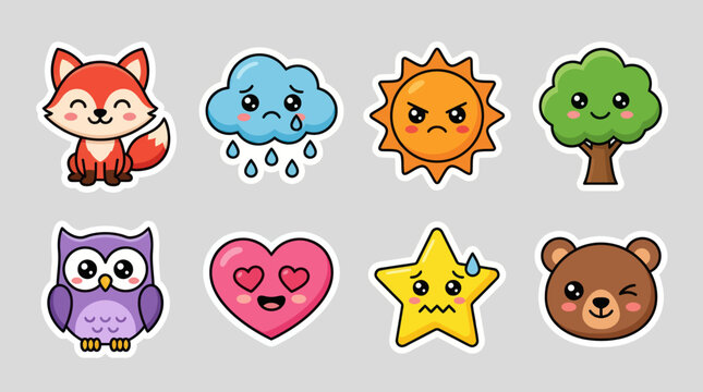 Cute cartoon weather and animal icons