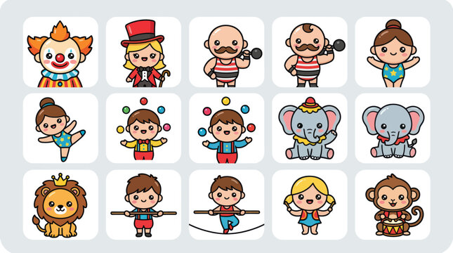 Cute circus performers and animals collection