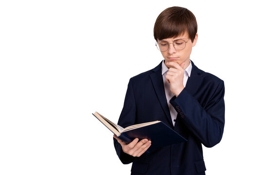 Portrait pensive minded boy prepare homework get new knowledge want be genius touch chin hand fingers palms round eyewear eyeglasses black clothing shirt white isolated he his blazer grey background