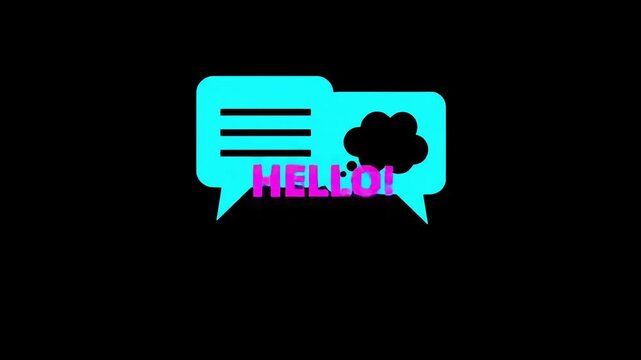 Speech bubble with hello text and thought cloud glowing neon sign cyberpunk style