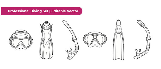 Scuba diving equipment vector set with masks flippers and snorkels isolated on white background for summer vacation underwater sports and snorkeling adventure design icons with simple line art details © Dinali